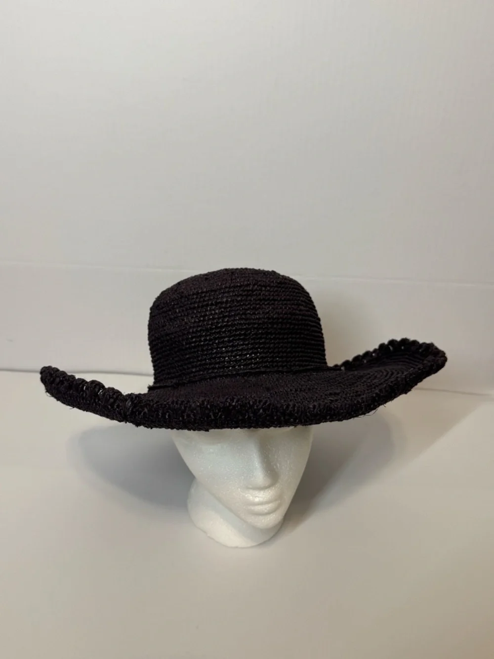 SHEBOBO Handmade Madagascar Raffia Wide Brim Sun Hat Black Boho Beach